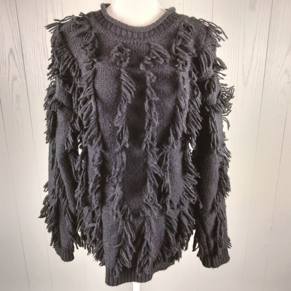 3.1 Phillip Lim Sweater Black Wool Fringe Shaggy Extra Small XS Soft Stretchy